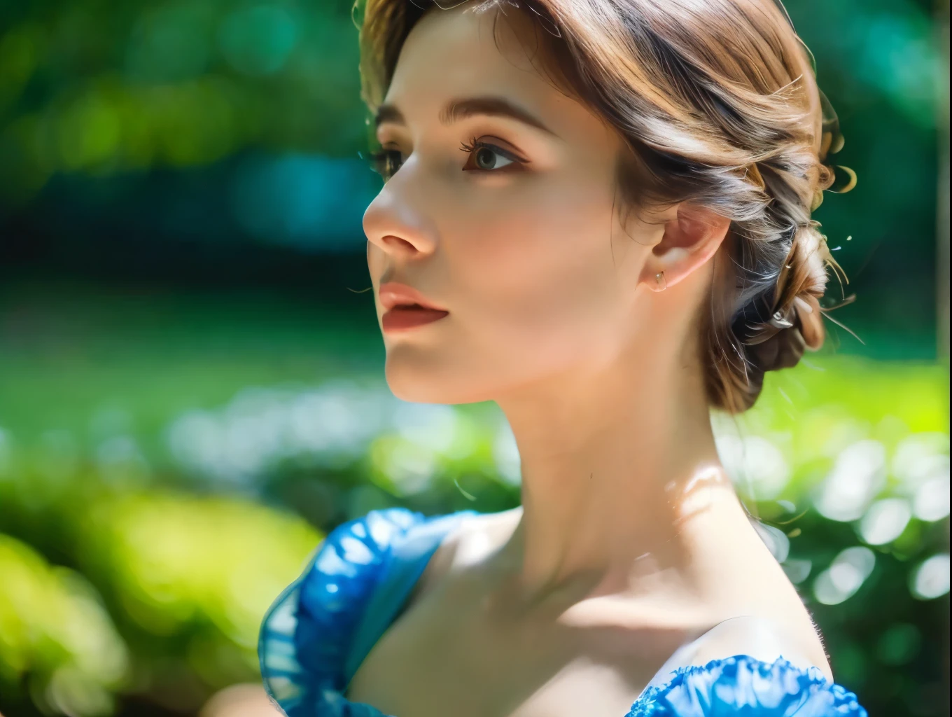 a woman in a beautiful blue dress, detailed facial features, long eyelashes, delicate skin, elegant hairstyle, graceful pose, serene expression, sunlight filtering through the trees, lush garden background, vibrant colors, cinematic lighting, (best quality,4k,8k,highres,masterpiece:1.2),ultra-detailed,(realistic,photorealistic,photo-realistic:1.37),intricate details,stunning portrait