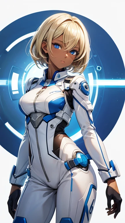 ((Highest quality)),masterpiece,Ultra-high resolution,One Woman,A dark-skinned woman in her 20s,Anime Women,Short blonde hair,blue eyes,Rin々Nice face,A listless look,Wearing a white jumpsuit with an open chest,mechanic,