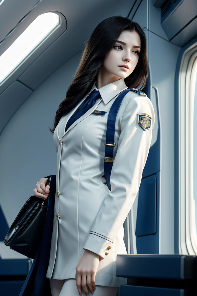 (1 girl:1.3), alone, __Body Parts__ soft and realistic skin, pale skin, large, offcial art, uniform 16k wallpaper, Ultra-Detail, beauty and aesthetics, beauty, masterpiece, best quality, in cyberpunk city, Fantastic atmosphere, calm color palette, peaceful atmosphere, Soft Shadows, Flight attendant uniform, radiance