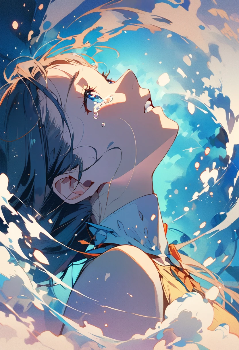 Anime style:1 girl looking up and crying,Profile,90 degree tilt of neck,Face up,Oblique composition