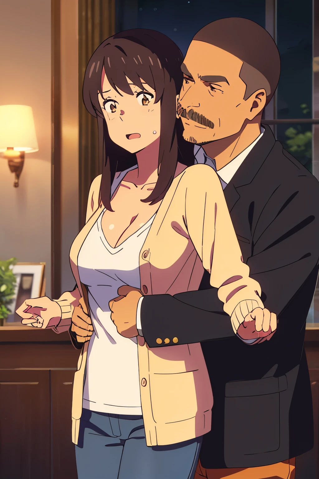 shinkai makoto, kimi no na wa., middle aged man, buzzcut, office suite, wrinkles, mustache, middle aged man touching girl breast,breastgrope from behind, passionate hug, middle aged man is hugging from behind, 1girl, bangs, black hair, brown eyes, open mouth, Twisted Half Up, red ribbon, long hair, long sleeve light yellow cardigan, open shirt, yellow shirt, cleavage, breast, medium breast, Orange shirt, orange jeans, night, indoors, mall, masterpiece, perfect anatomy, cowboyshot,