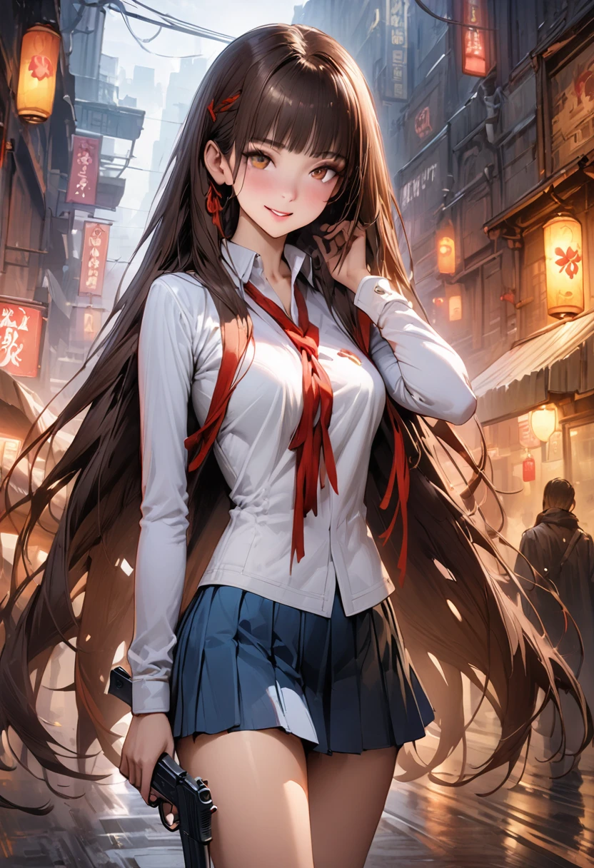 (A detailed depiction of a woman holding a handgun)、World of Blade Runner、((masterpiece,Highest quality:1.3,best quality illustration,realistic:1.3)),cowboy shot,独奏,1woman,(18-year-old、Japanese Beauty),dark brown hair,long hair,bangs,brown eyes,gorgeous eyes,(very small head:1.3),smile,(very long body:1.2,skinny),medium breasts,(Red ribbon tie、White long sleeve collared shirt、Navy blue pleated mini skirt),gleaming skin,toned body,slender body,standing,on street,neon、