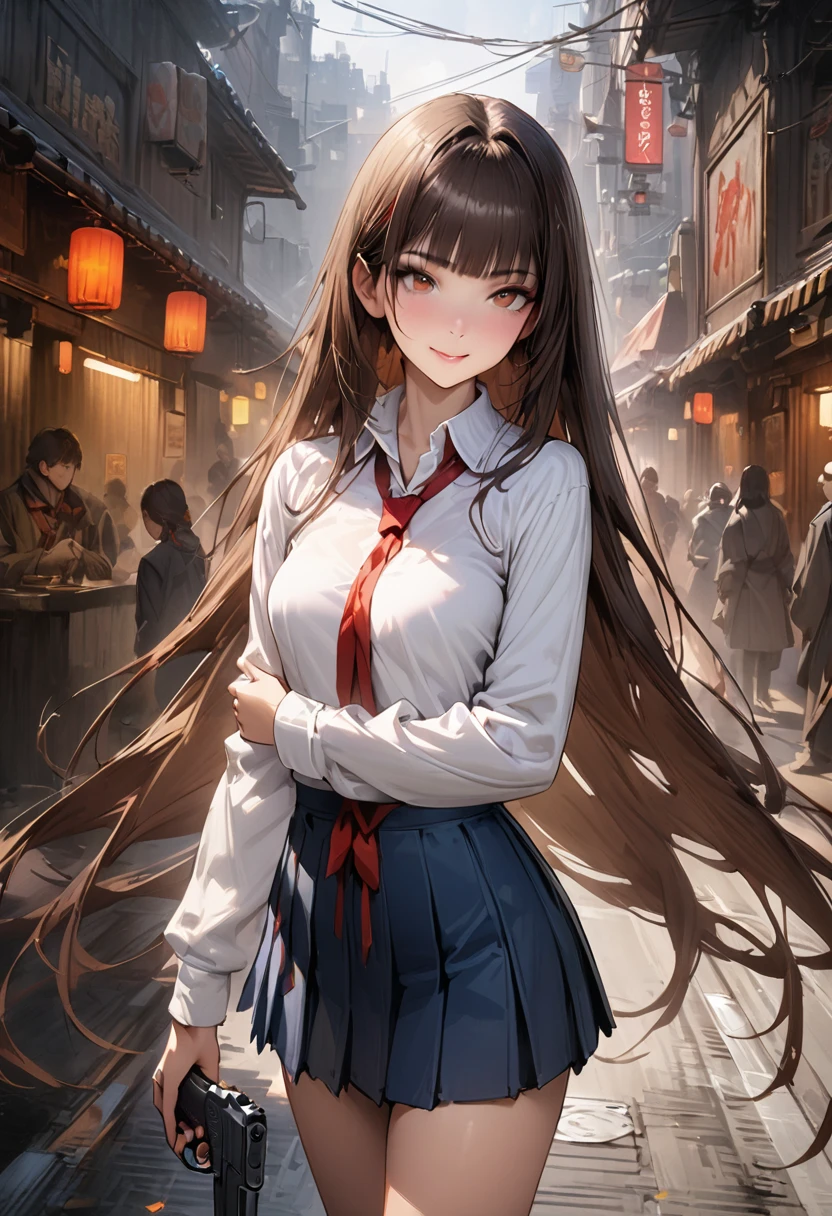(A detailed depiction of a woman holding a handgun)、World of Blade Runner、((masterpiece,Highest quality:1.3,best quality illustration,realistic:1.3)),cowboy shot,独奏,1woman,(18-year-old、Japanese Beauty),dark brown hair,long hair,bangs,brown eyes,gorgeous eyes,(very small head:1.3),smile,(very long body:1.2,skinny),medium breasts,(Red ribbon tie、White long sleeve collared shirt、Navy blue pleated mini skirt),gleaming skin,toned body,slender body,standing,on street,neon、