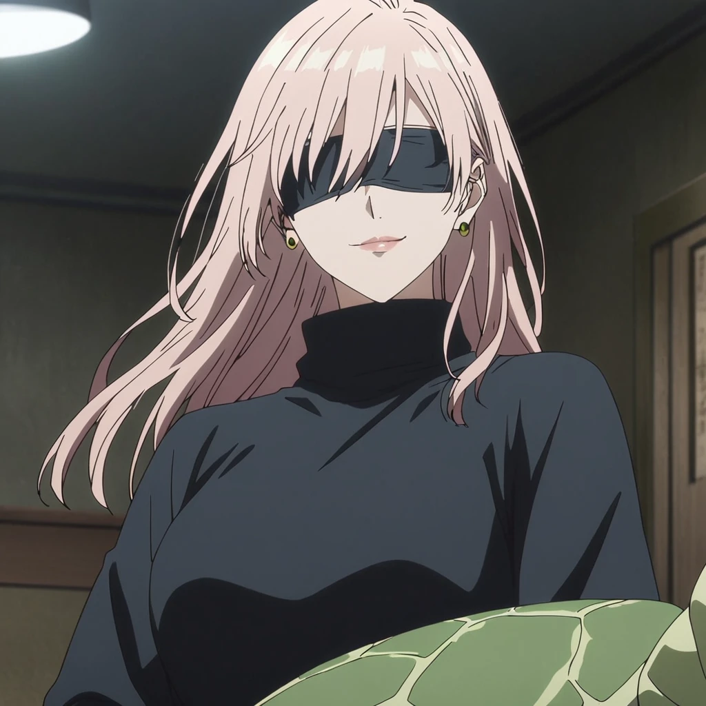 1girl, female gojo satoru, anime screencap from jujutsu kaisen, gojo satoru female version, solo, long_hair, ((wearing black blindfold)) ((White_hair, wavy hair)), night view, (hanging breasts) upper_body, smile, indoors, book, lips, (slightly straight hair) ((wearing black colour sweater with turtle neck)) breast, "very detailed and high resolution" (black blindfold) ((shoulder length straight hair)) ((solo)) (((front view))) (earings) ((high resolution)) ((good quality)) ((hair between eyes)) 
