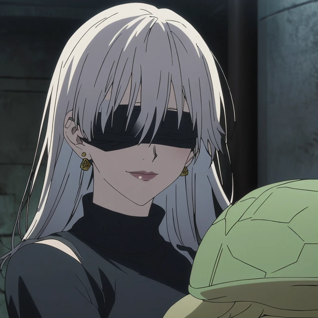 1girl, female gojo satoru, anime screencap from jujutsu kaisen, gojo satoru female version, solo, long_hair, ((wearing black blindfold)) ((White_hair, wavy hair)), night view, (hanging breasts) upper_body, smile, indoors, book, lips, (slightly straight hair) ((wearing black colour sweater with turtle neck)) breast, "very detailed and high resolution" (black blindfold) ((shoulder length straight hair)) ((solo)) (((front view))) (earings) ((high resolution)) ((good quality)) ((hair between eyes))