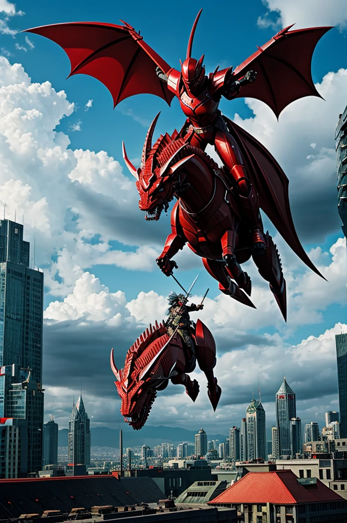 A commander with Claymore sword riding crimson robot dragon flashing through sky city.