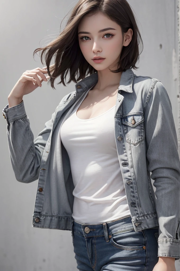 8K Ultra HD、RAWphotograph、モデルphotograph撮影、 European Fashion、(masterpiece、Highest quality、Realistic、High resolution、photograph:1.3)、close、focus on、Hot Model、slim、30 year old mature woman、Small face、No makeup、short hair、Beautiful dark brown Hayne eyes、Genuineスキン、(Perfect body)、Sexy hot face、sexual sight、slim、shirt、Denim Jacket、Long sleeve、Beautiful eyes in every detail、Glossy lips、((Bright light、Dynamic Lighting、Genuine、超Genuine、 realism、Genuineなディテール、Cool Beauty、Cool pose、Background gray、Plain gray background
