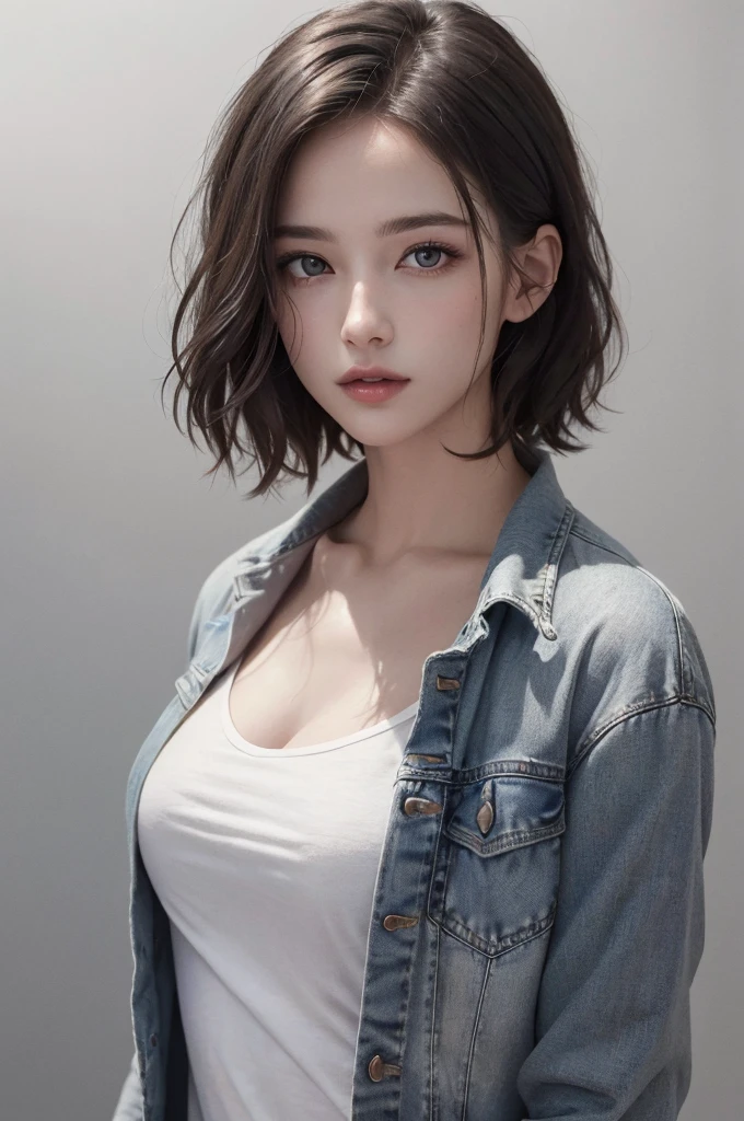 8K Ultra HD、RAWphotograph、モデルphotograph撮影、 European Fashion、(masterpiece、Highest quality、Realistic、High resolution、photograph:1.3)、close、focus on、Hot Model、slim、30 year old mature woman、Small face、No makeup、short hair、Beautiful dark brown Hayne eyes、Genuineスキン、(Perfect body)、Sexy hot face、sexual sight、slim、shirt、Denim Jacket、Long sleeve、Beautiful eyes in every detail、Glossy lips、((Bright light、Dynamic Lighting、Genuine、超Genuine、 realism、Genuineなディテール、Cool Beauty、Cool pose、Background gray、Plain gray background