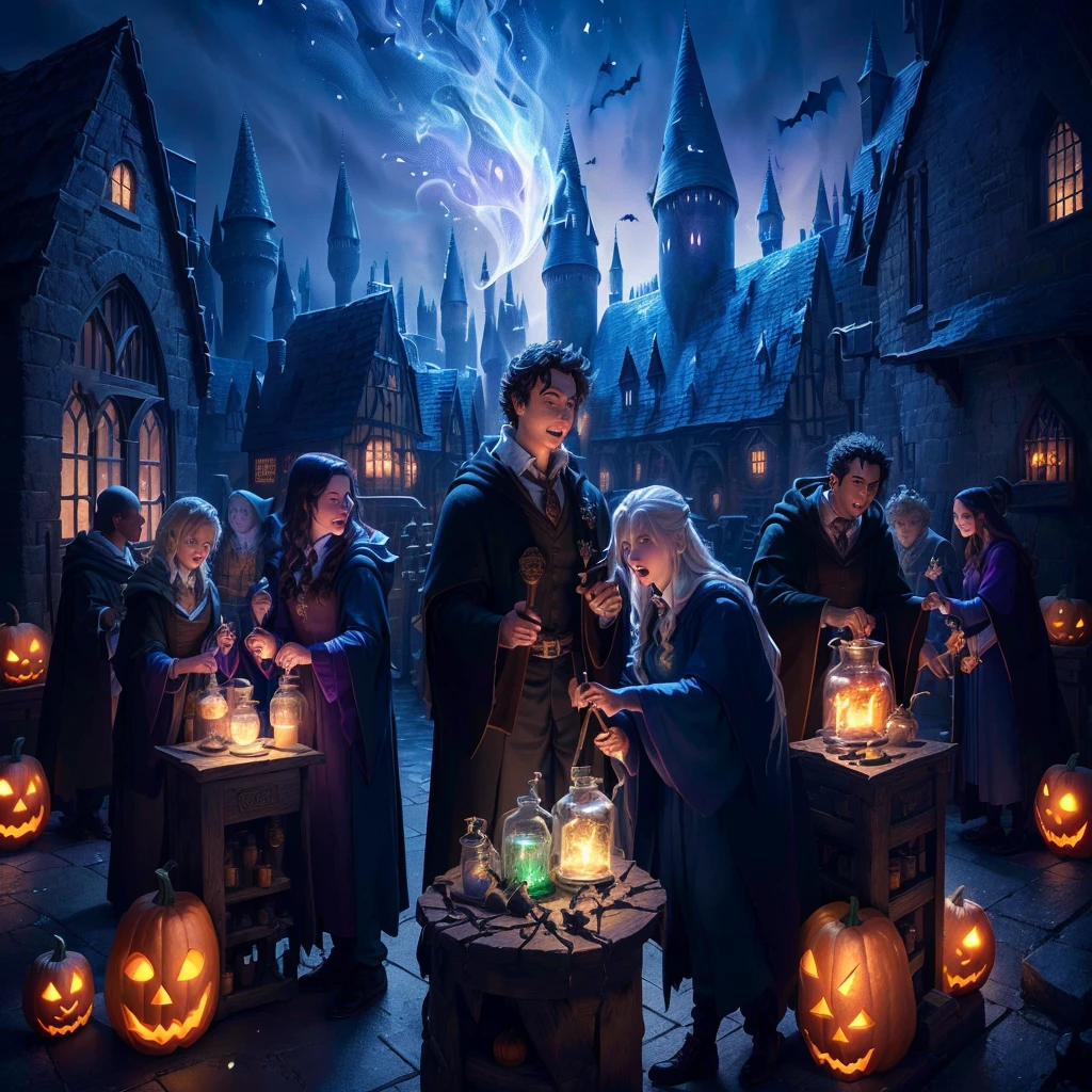 arafed image of a group of people in a halloween scene, casting a spell on a potion, she is in the potions workshop, magical potions, wizards laboratory, potions, in hogwarts, art from harry potter, casting spells, casting a spell, magic potions, in a potion shoppe, magic laboratory setting, background hogwarts