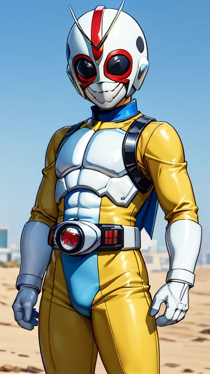 (8k),(masterpiece),(Japanese),(8--old ),((innocent look)),((Childish)),From the front,smile,cute,Innocent,Kind eyes,Flat chest,yellow helmet,white domino mask, white mask,Nobi Nobita, bald,no Hair,cyberpunk Tokyo City,Kamen rider,camisa, Ringo! style, superhero