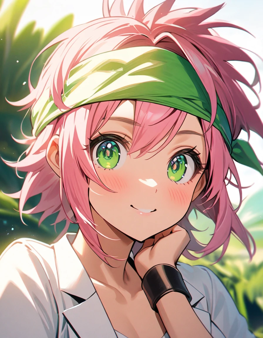 " girl with short spiky pink hair and vibrant green eyes,Sun-kissed skin, athletic build. Wearing a white skirt, white blazer,leather bracelet, a bandana on her head,Lively and adventurous expression,portrait closeup,