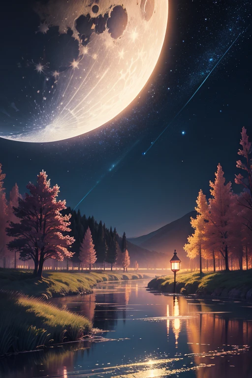 Painting of a river with stars and moon floating in the sky, Concept art inspired by Mitsuoki Tosa, pixiv Contest Winner, Highest quality, Fantasy art, Beautiful anime scene, Golden Moon. Bright Moon, Starry Sky environment under the moonlight, Dream painting, Anime Background art, Fantasy Landscape Painting, A dreamlike night, Anime Background, Background artwork, Dreamy Art, Atmospheric anime, Starry Sky, Detail enhancements.