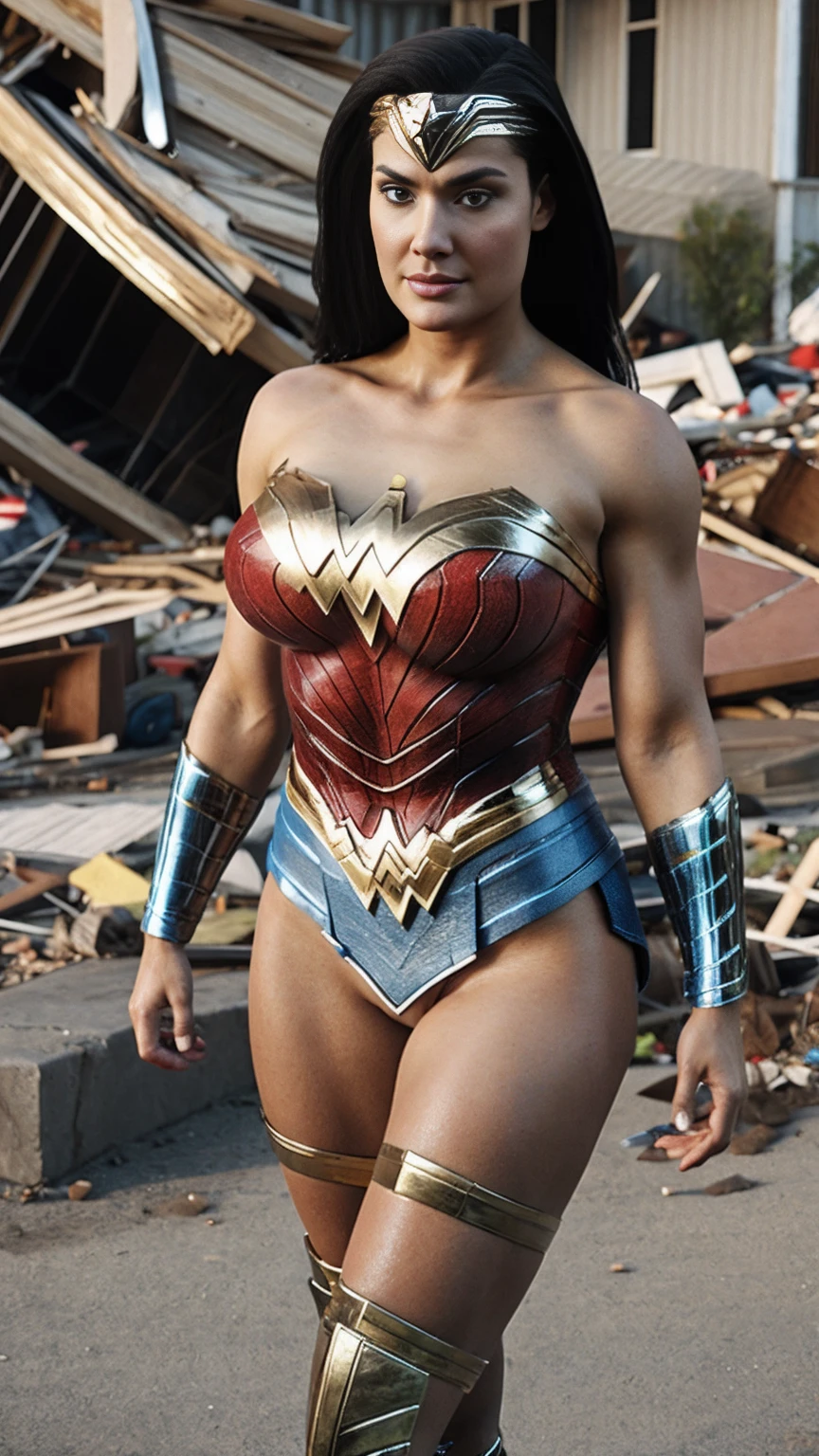 Wonder woman big tits, stands amid destruction. In pantyhose and blue-red latex. Wonder Woman Costume 