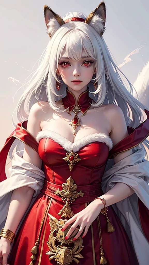 Fox demon girl, cute face, red eyes, tall, white hairs, fair white skin,silk made clothes from up to down with fur in red, wearing jewellery,in white smoke, high resolution, high quality, high pixel, 8k:photography