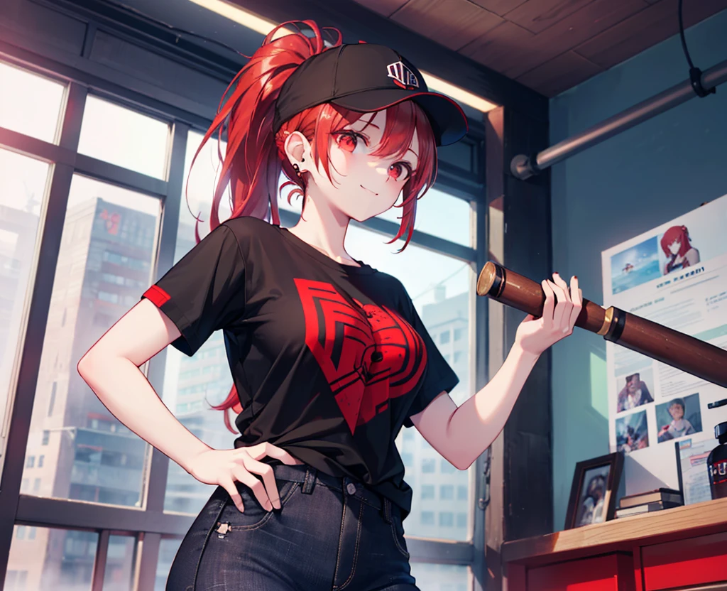(Close-up:1.3),Realistic,Highest quality, Ultra Detail, High-quality CG rendering, The most delicate and beautiful, Floating softly, High resolution, (1 girl), (Highest quality,4K,8K,masterpiece:1.2),(All red hair:1.5), (ponytail:1.5),(Red eyes:1.5),(Slightly larger breasts:1.2), (Oversized black short sleeve t-shirt:1.3),(Black skinny jeans:1.3),(Black baseball cap:1.3),In the city,old buildings,Are standing,smile,(Piercing in left ear:1.3)