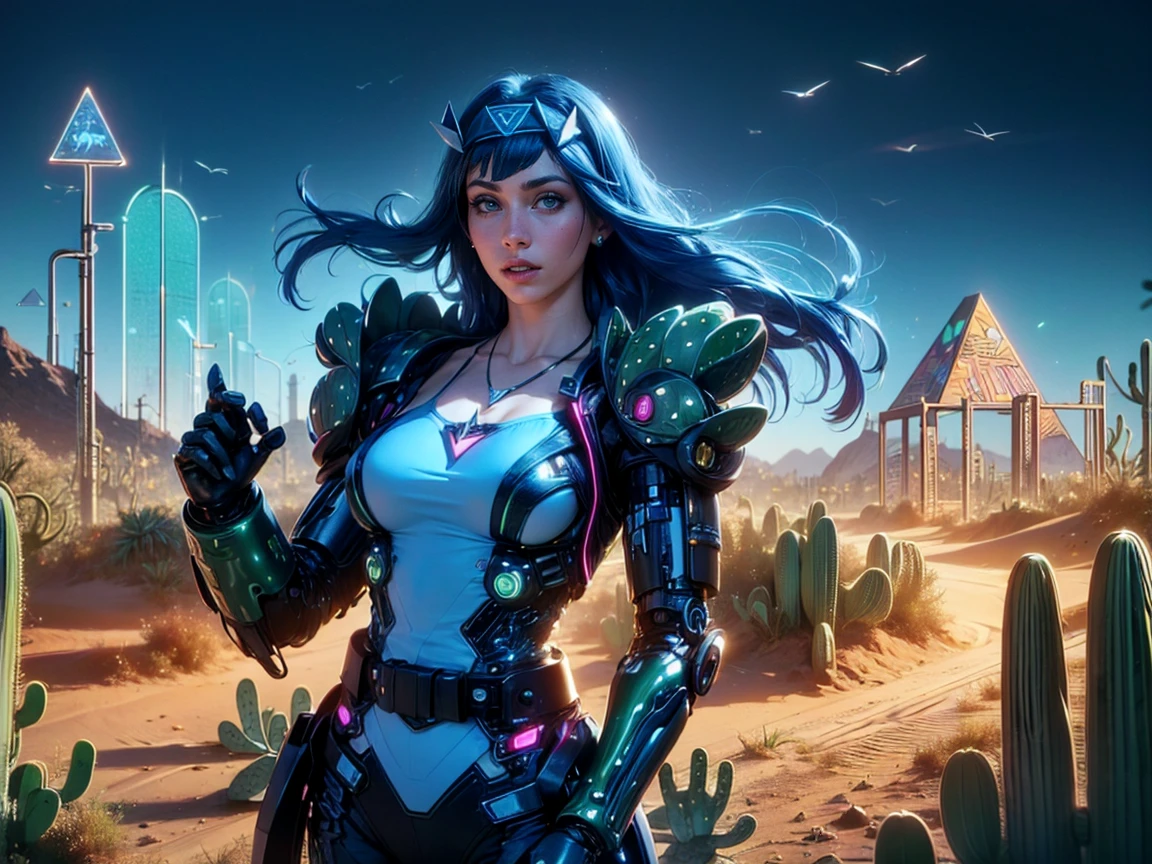 top quality, future world, State-of-the-art robot, Beautiful Woman, flying hair, Transformed into a cyborg except for the face,  Transformed into a cyborg except for the shoulder, sexy images, whole body photo, (((Princess, triangle headband and necklace and  belt, blue colour dust, desert, cactus, windy)))