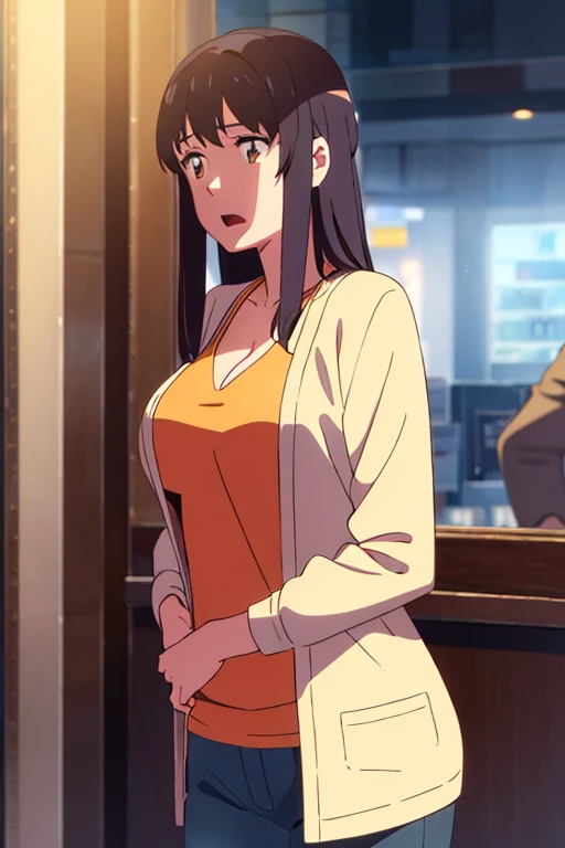 masterpiece:1.6, best quality), finely detailed beautiful eyes: 1.2), colorful, shinkai makoto, kimi no na wa., 1boy, buzzcut, muscular, brown eyes, office worker suit, boy caressing girl's body, breast groping, breast grope, hold breast, 1girl, bangs, black hair, brown eyes, waterfall braid, red ribbon, long hair, long sleeve light yellow cardigan, open shirt, white shirt, cleavage, breast, medium breast, black pants, indoors, jewelery shop, mall, cowboy shot, face to face