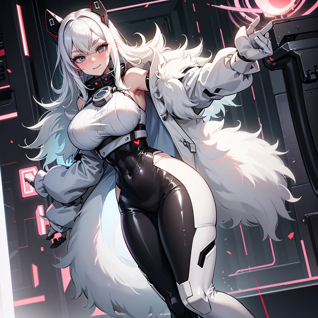 Masterpiece, High quality, High quality of art, anime lineart, 1girl,white hair, black eyes, white eyebrow, red eyeshadow, Tall, black cyber clothers, light gray cyber pants, big hips, big chest, very blush, white hearts in eyes, in future base, looking at viewer, smile, white skin, white hearts in eyes, in white fur Coat, in Antarctica base