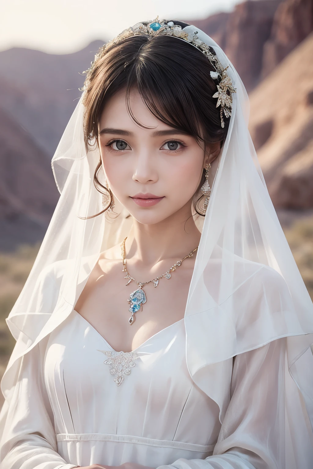 1 Beautiful Woman，Desert Princess（（（The eyes are very delicate）））（（（Hair accessories）））（（（veil（24））））（（（veil））），necklace，Wearing a white conservative silk dress， ((Radiant skin))（（（masterpiece）））， （（best quality））， （（Intricate details））， （（Surreal））（8K）