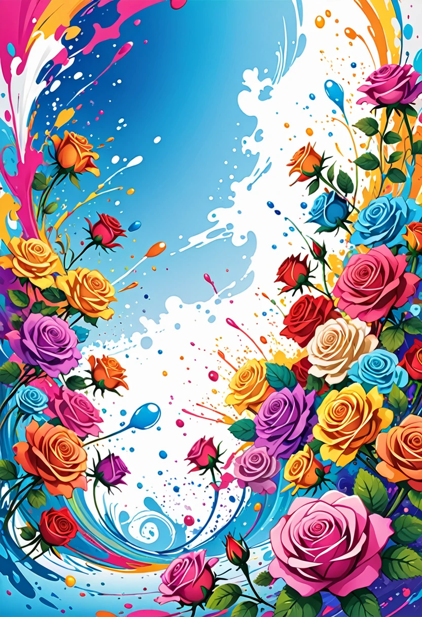 vectorial art, Colorful illustration with many roses, centro do background em branco, swirly vibrant colors, paint splashes and smears, high détail, Underwater swimming background