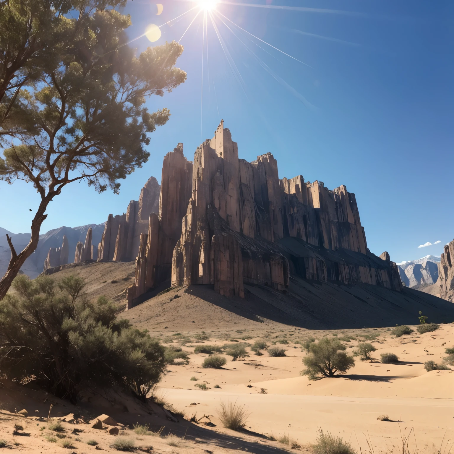 TheDesert, no humans, sun, day, sunlight, lens flare, mountain, ruins,bare tree,
