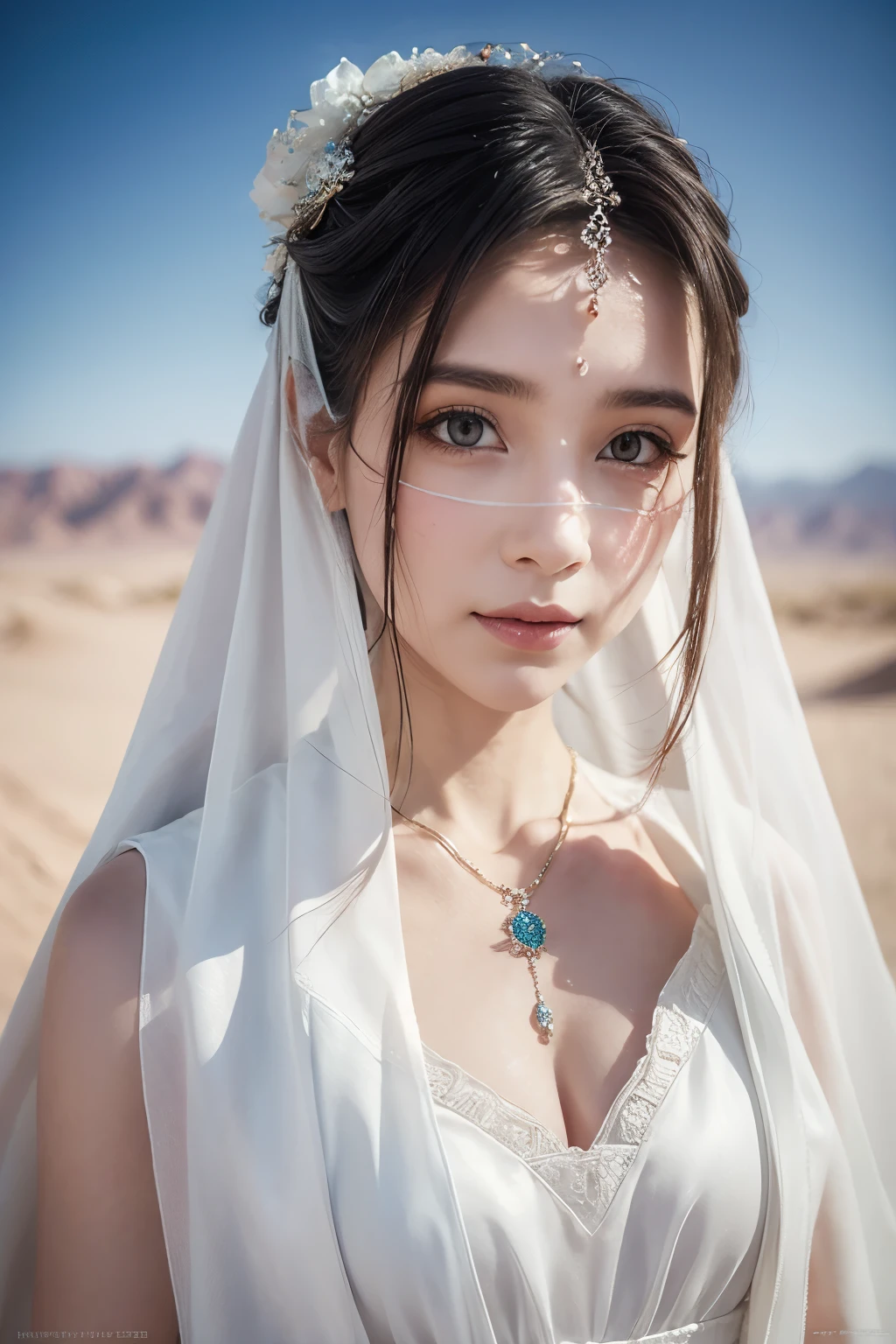 1 Beautiful Woman，Desert Princess（（（The eyes are very delicate）））（（（Hair accessories）））（（（veil（24））））（（（veil））），necklace，Wearing a white conservative silk dress， ((Radiant skin))（（（masterpiece）））， （（best quality））， （（Intricate details））， （（Surreal））（8K）