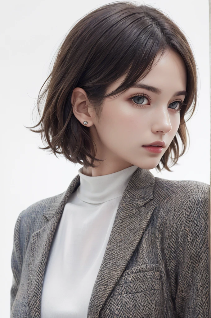 8K Ultra HD、RAWphotograph、モデルphotograph撮影、 European Fashion、(masterpiece、Highest quality、Realistic、High resolution、photograph:1.3)、close、focus on、Hot Model、slim、30 year old mature woman、Small face、No makeup、short hair、Beautiful dark brown Hayne eyes、Genuineスキン、(Perfect body)、Sexy hot face、sexual sight、slim、Tweed jacket、Long sleeve、High neck shirt、Button up,Beautiful eyes in every detail、Glossy lips、((Bright light、Dynamic Lighting、Genuine、超Genuine、 realism、Genuineなディテール、Cool Beauty、Cool pose、Background white、Plain white background