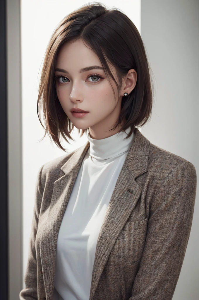 8K Ultra HD、RAWphotograph、モデルphotograph撮影、 European Fashion、(masterpiece、Highest quality、Realistic、High resolution、photograph:1.3)、close、focus on、Hot Model、slim、30 year old mature woman、Small face、No makeup、short hair、Beautiful dark brown Hayne eyes、Genuineスキン、(Perfect body)、Sexy hot face、sexual sight、slim、Tweed jacket、Long sleeve、High neck shirt、Button up,Beautiful eyes in every detail、Glossy lips、((Bright light、Dynamic Lighting、Genuine、超Genuine、 realism、Genuineなディテール、Cool Beauty、Cool pose、Background white、Plain white background