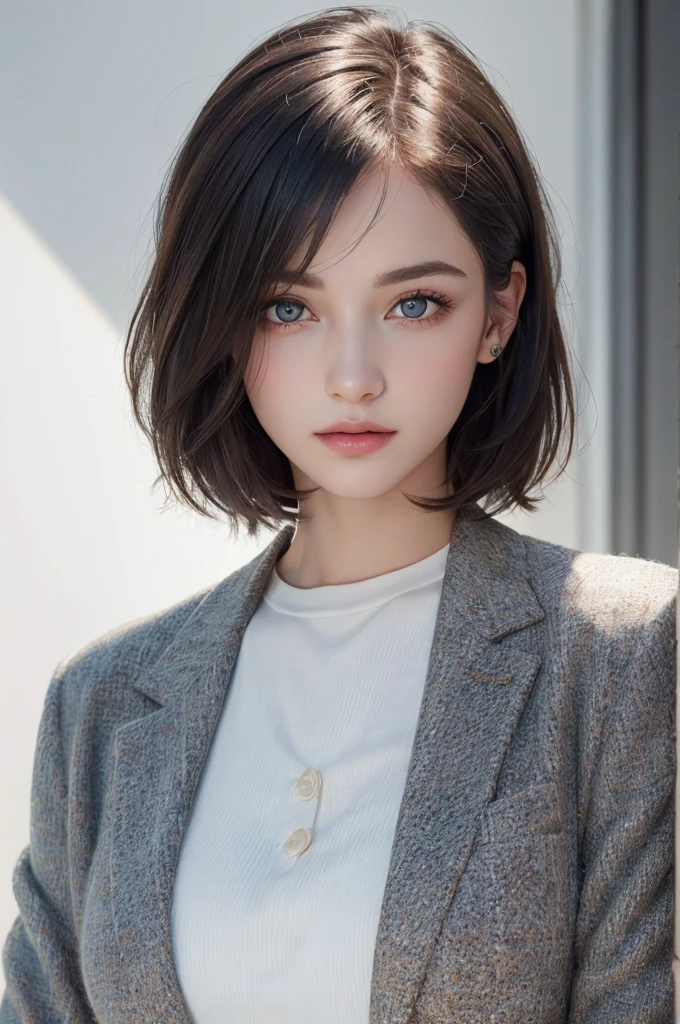 8K Ultra HD、RAWphotograph、モデルphotograph撮影、 European Fashion、(masterpiece、Highest quality、Realistic、High resolution、photograph:1.3)、close、focus on、Hot Model、slim、30 year old mature woman、Small face、No makeup、short hair、Beautiful dark brown Hayne eyes、Genuineスキン、(Perfect body)、Sexy hot face、sexual sight、slim、Tweed jacket、Long sleeve、High neck shirt、Button up,Beautiful eyes in every detail、Glossy lips、((Bright light、Dynamic Lighting、Genuine、超Genuine、 realism、Genuineなディテール、Cool Beauty、Cool pose、Background white、Plain white background
