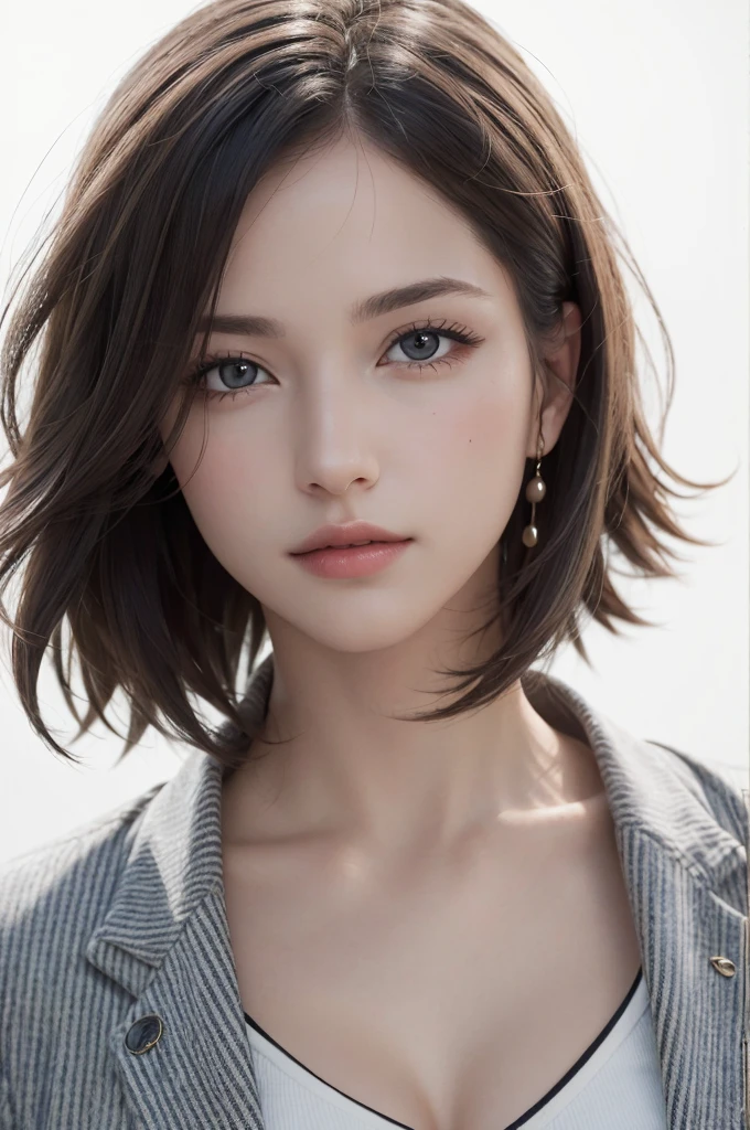 8K Ultra HD、RAWphotograph、モデルphotograph撮影、 European Fashion、(masterpiece、Highest quality、Realistic、High resolution、photograph:1.3)、close、focus on、Hot Model、slim、30 year old mature woman、Small face、No makeup、short hair、Beautiful dark brown Hayne eyes、Genuineスキン、(Perfect body)、Sexy hot face、sexual sight、slim、Tweed jacket、Long sleeve、High neck shirt、Button up,Beautiful eyes in every detail、Glossy lips、((Bright light、Dynamic Lighting、Genuine、超Genuine、 realism、Genuineなディテール、Cool Beauty、Cool pose、Background white、Plain white background