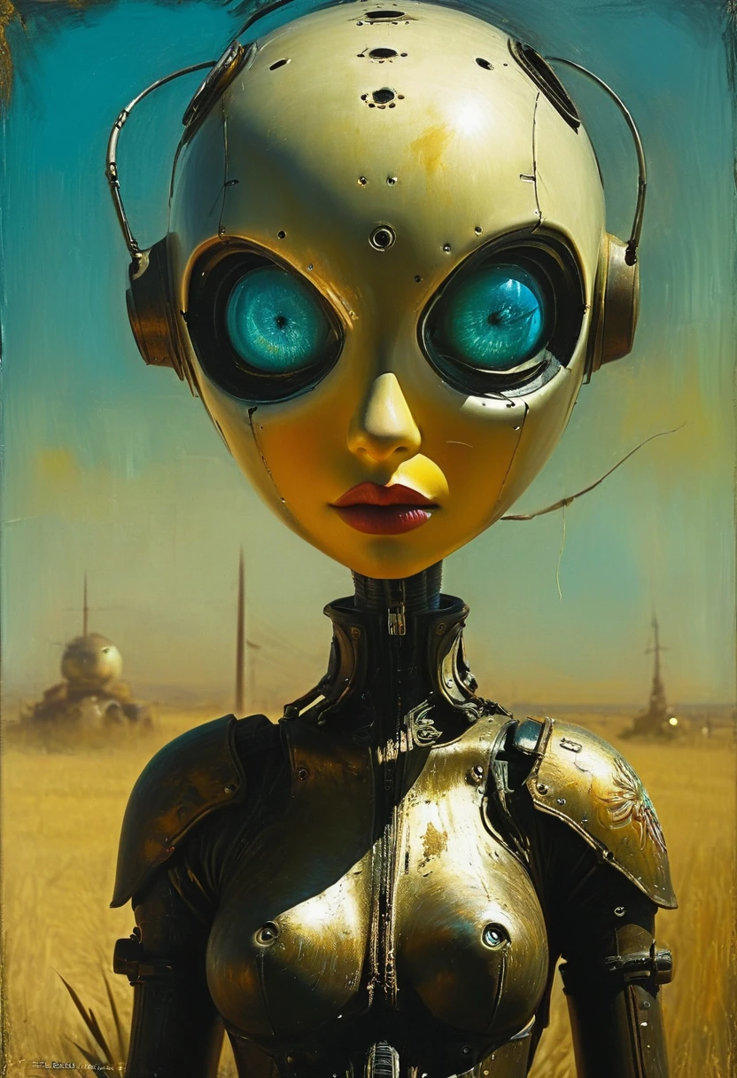 (Full length view.- -ar 9:16 - ar 1:2)Full length view. Small, combat-biorobot, porcelain face and head, large turquoise eyes, beautiful eyes, Best quality, relief, dark gothic, conceptual art, Psychedelic, post-apocalyptic, ominous, oil painting, thin flowing lines. Long strokes, light delicate shadows, + cinematic quality 36.5 mm f0, + Peter Elson style, Alexey Maleev, Ryohei Hase, Rafael Sanzio, Pino Daeni, Charlie Bowett, Albert Joseph Peno, Ray Caesar, Ritts grass style, color.. .top quality, masterpiece, (Full-length, wide angle, centered, no cropping) - ar 9:16 - ar 1:2