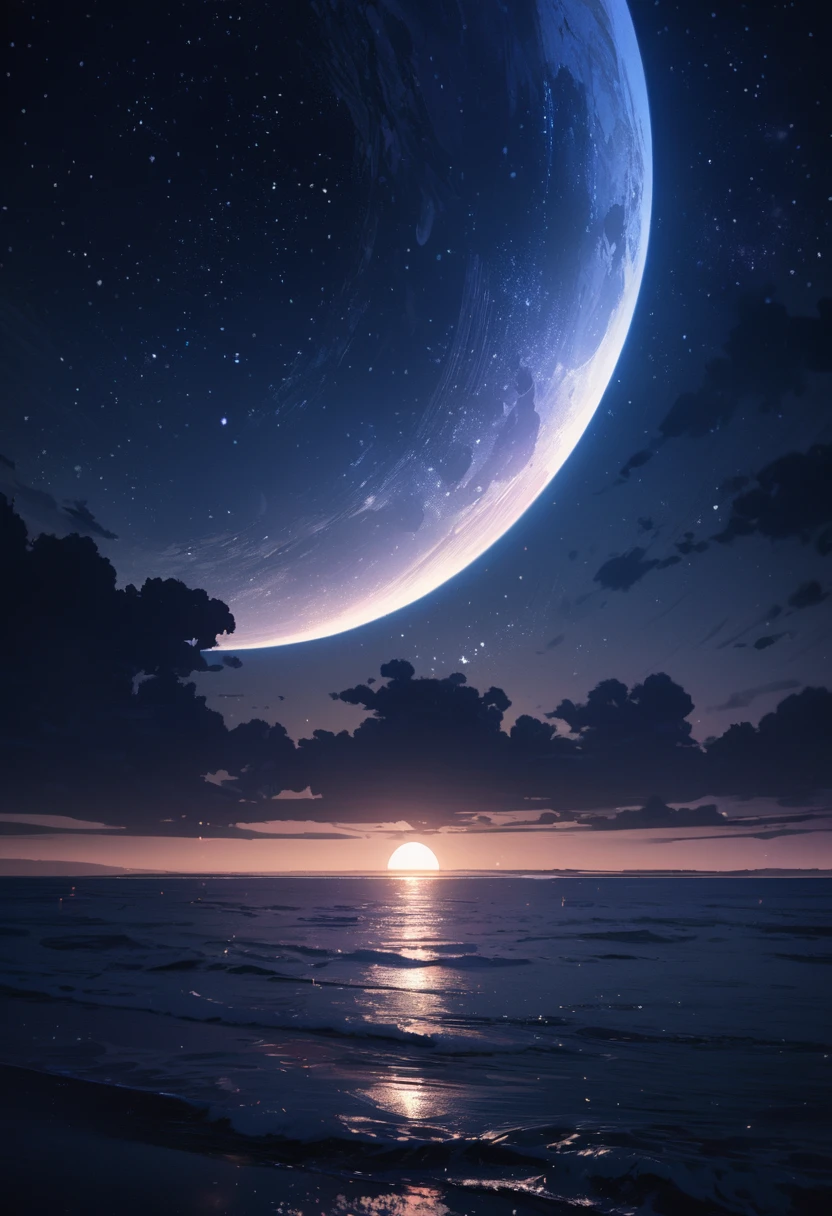 (((masterpiece))), Starry sky photography, Dark night, No light, Serene atmosphere, Calm sea, detailed, highly detailed, (8K)Crescent Moon