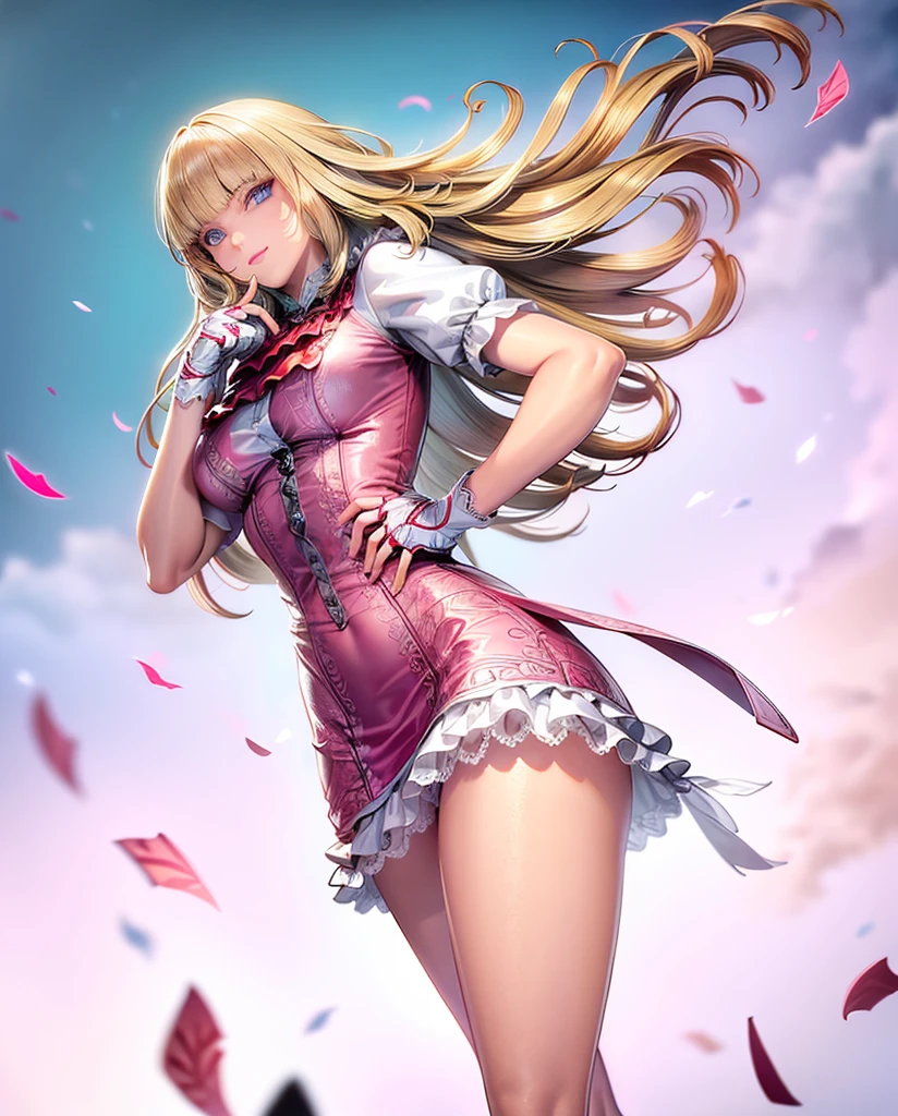 perfect eyes:1.2, detailed eyes:1.4, Emilie T8, blunt bangs, blue eyes, hands on hip, long hair, blonde hair, pink thighhighs, pink frilled dress, frilled ascot, fingerless gloves, smile, red eyeshadow:1.2, makeup:1.2, cowboy shot, 1girl, solo, (masterpiece:1.6, best quality), 8k, insane details, intricate details, hyperdetailed, hyper quality, high detail, ultra detailed, professional, HDR, ray tracing reflection, cinematic lighting,
