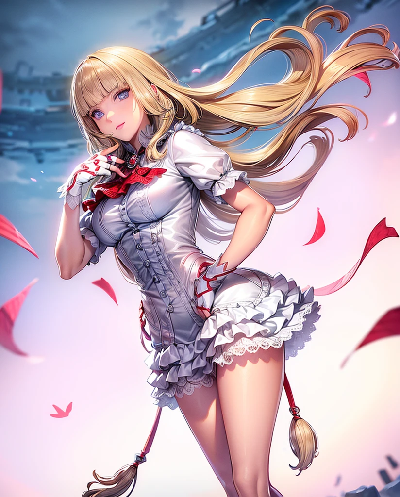 perfect eyes:1.2, detailed eyes:1.4, Emilie T8, blunt bangs, blue eyes, hands on hip, long hair, blonde hair, pink thighhighs, pink frilled dress, frilled ascot, fingerless gloves, smile, red eyeshadow:1.2, makeup:1.2, cowboy shot, 1girl, solo, (masterpiece:1.6, best quality), 8k, insane details, intricate details, hyperdetailed, hyper quality, high detail, ultra detailed, professional, HDR, ray tracing reflection, cinematic lighting,
