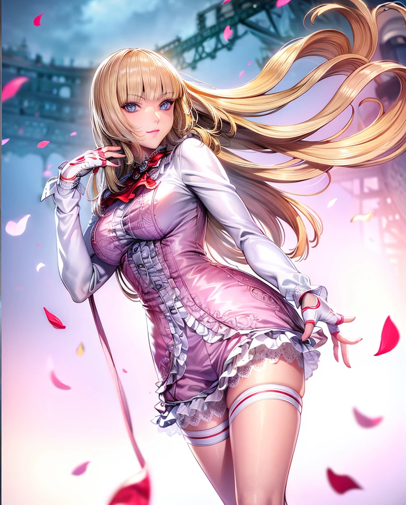 perfect eyes:1.2, detailed eyes:1.4, Emilie T8, blunt bangs, blue eyes, hands on hip, long hair, blonde hair, pink thighhighs, pink frilled dress, frilled ascot, fingerless gloves, smile, red eyeshadow:1.2, makeup:1.2, cowboy shot, 1girl, solo, (masterpiece:1.6, best quality), 8k, insane details, intricate details, hyperdetailed, hyper quality, high detail, ultra detailed, professional, HDR, ray tracing reflection, cinematic lighting,