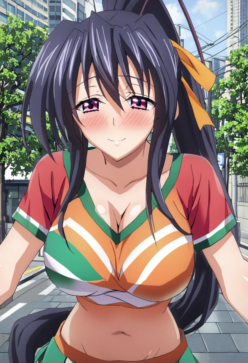 sysdeep_akeno, 1girl, solo, long_hair, smile, large_breasts, red shirt, black_hair, big cleavage, medium_breasts, very_long_hair, purple_eyes, collarbone, orange hair_ribbon, ponytail, sexy green cheerleader uniform, street, city, sexy look, blushing, seductive eyes, showing grabbing