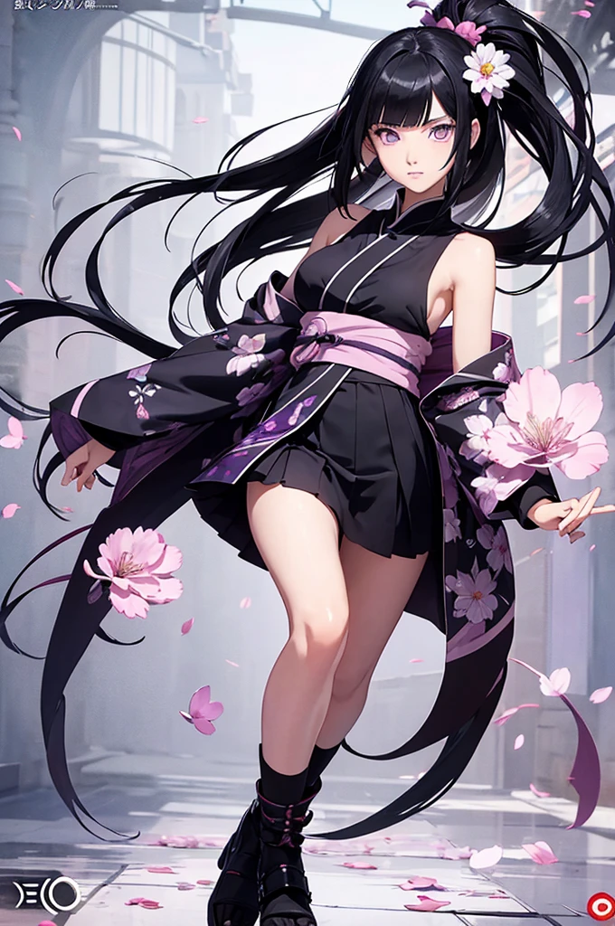 Naruto Shippuden screenshot of a girl with long straight shoulder length black hair, white skin, light purple eyes, heart shaped face. She is elegant, gentle, wearing a black gakuran with Chinese style electric code skirt with flowers patterns, black shoes, fantasy art, beautiful character drawing, yukata outfit, epic and exquisite character art, gorgeous character art, beautiful shinobi girl.