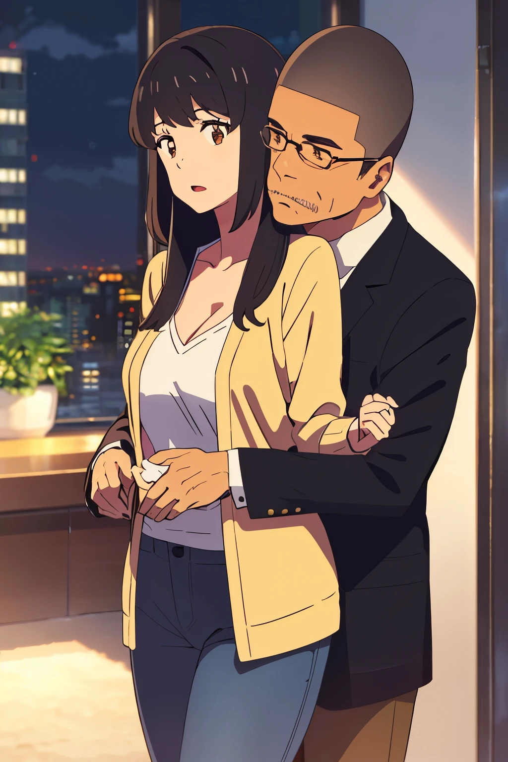 shinkai makoto, kimi no na wa., middle aged man, buzzcut, office suite, wrinkles, mustache, middle aged man touching girl breast,breastgrope from behind, passionate hug, middle aged man is hugging from behind, 1girl, bangs, black hair, brown eyes, open mouth, Twisted Half Up, red ribbon, long hair, long sleeve light yellow cardigan, open shirt, yellow shirt, cleavage, breast, medium breast, Orange shirt, orange jeans, night, indoors, mall, masterpiece, perfect anatomy, cowboyshot,