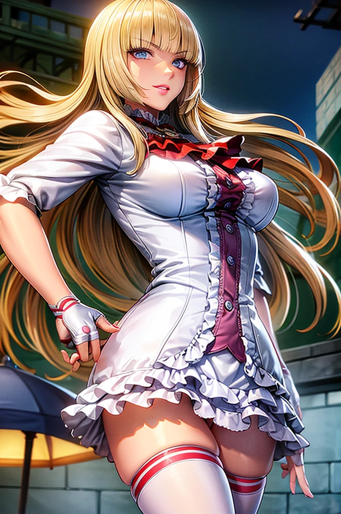 perfect eyes:1.2, detailed eyes:1.4, Emilie T8, blunt bangs, blue eyes, hands on hip, long hair, blonde hair, pink thighhighs, pink frilled dress, frilled ascot, fingerless gloves, smile, red eyeshadow:1.2, makeup:1.2, cowboy shot, 1girl, solo, (masterpiece:1.6, best quality), 8k, insane details, intricate details, hyperdetailed, hyper quality, high detail, ultra detailed, professional, HDR, ray tracing reflection, cinematic lighting,
