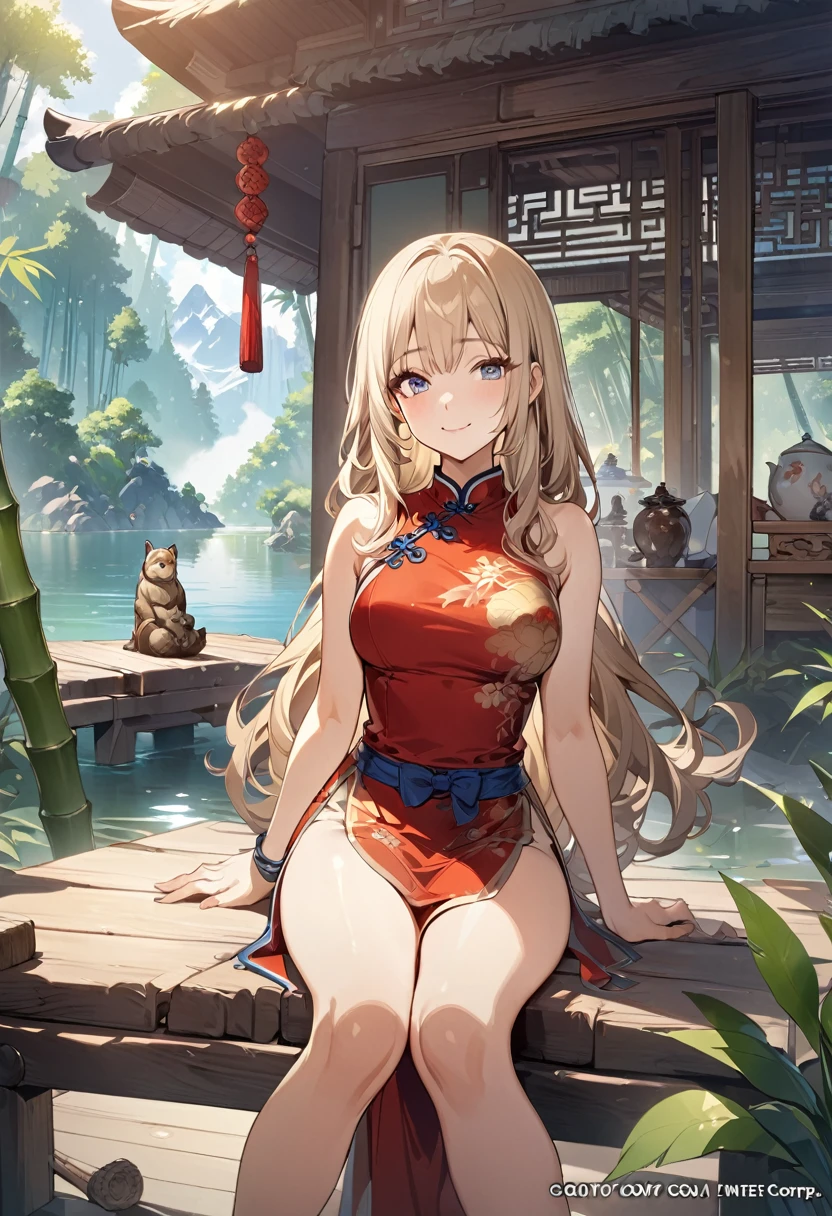 Masterpiece, top quality, official art, 8k wallpaper, very detailed, figure, 1 girl, golden hair, long hair, fine eyes, forest gump, bare shoulders, Chinese clothing, lake, pure, gentle smile, bamboo, tea