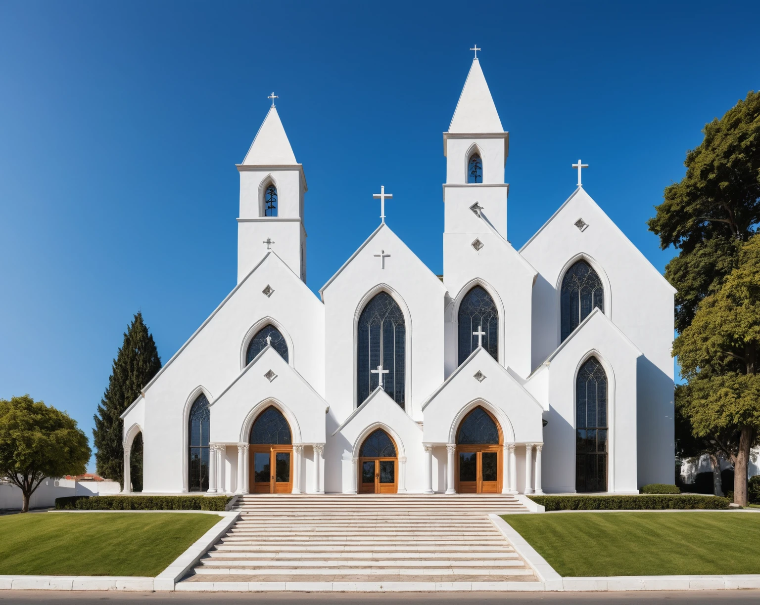 raw photo, best quality, ultra realistic, masterpiece, best quality skin, photography hd, dslr,
tcs, httlvn, modern church, road, people, house, facade design, outdoors, church, cross on top, 3 arched windows, 3 column, sunshine, street view, depth of view from the tree, white wall,