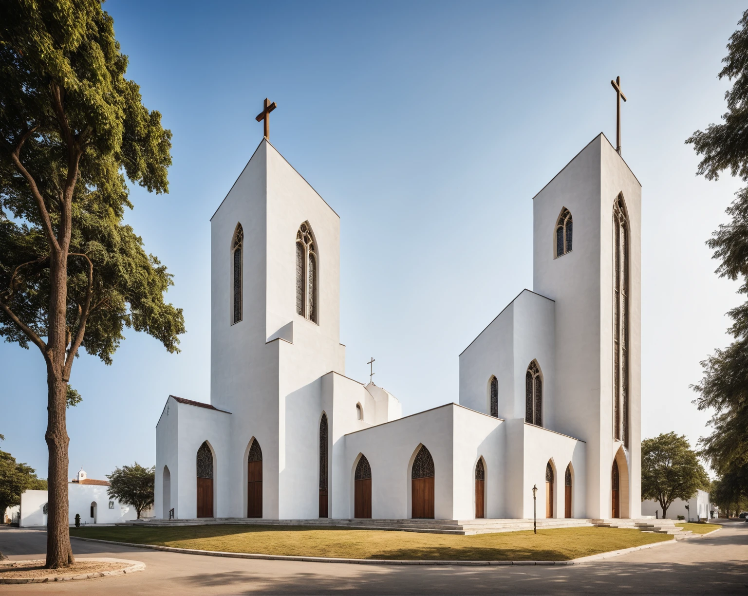 raw photo, best quality, ultra realistic, masterpiece, best quality skin, photography hd, dslr,
tcs, httlvn, modern church, road, people, house, facade design, outdoors, church, cross on top, 3 arched windows, 3 column, sunshine, street view, depth of view from the tree, white wall,