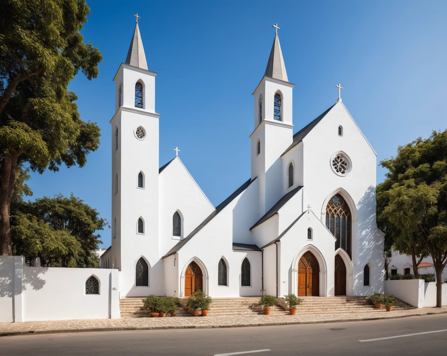raw photo, best quality, ultra realistic, masterpiece, best quality skin, photography hd, dslr,
tcs, httlvn, modern church, road, people, house, facade design, outdoors, church, cross on top, 3 arched windows, 3 column, sunshine, street view, depth of view from the tree, white wall, 
