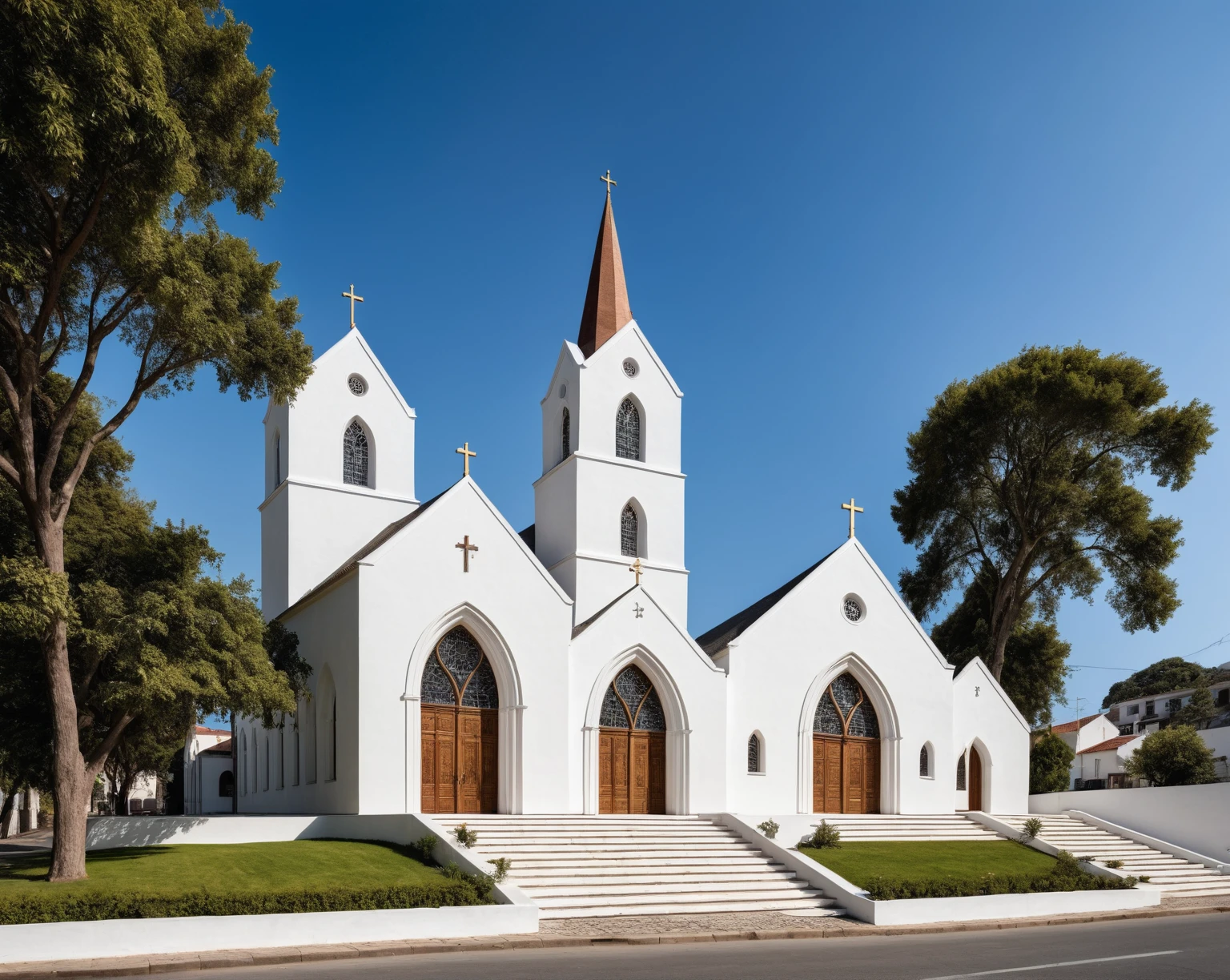 raw photo, best quality, ultra realistic, masterpiece, best quality skin, photography hd, dslr,
tcs, httlvn, modern church, road, people, house, facade design, outdoors, church, cross on top, 3 arched windows, 3 column, sunshine, street view, depth of view from the tree, white wall, 
