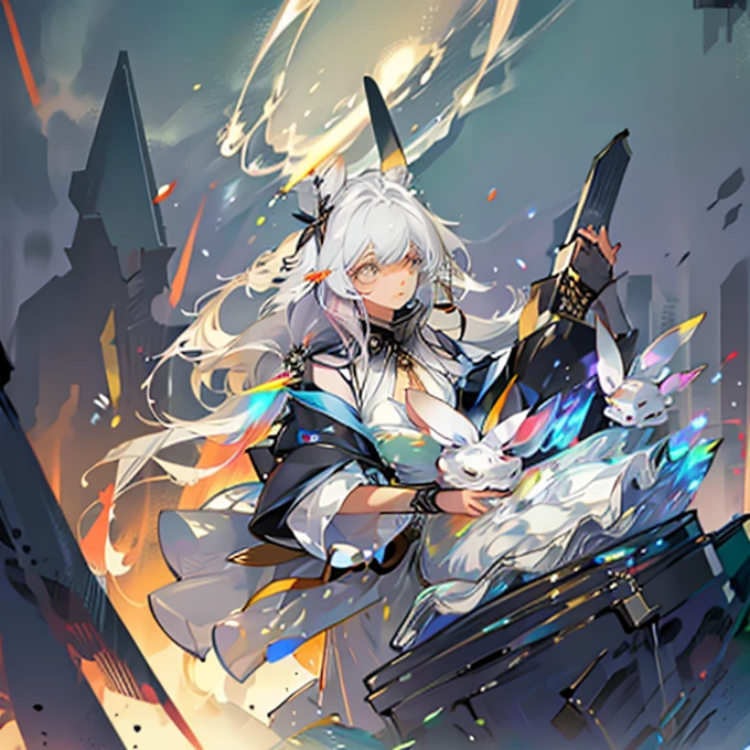 "Create an illustration of a mysterious character holding a white rabbit, She has light-colored hair with ribbons that resemble bunny ears.. Characters are shiny, A rainbow-colored blouse that reflects different colors. The background must be a celestial object, The starry sky transforms into a vibrant rainbow spectrum, Creates a mysterious and magical atmosphere."
