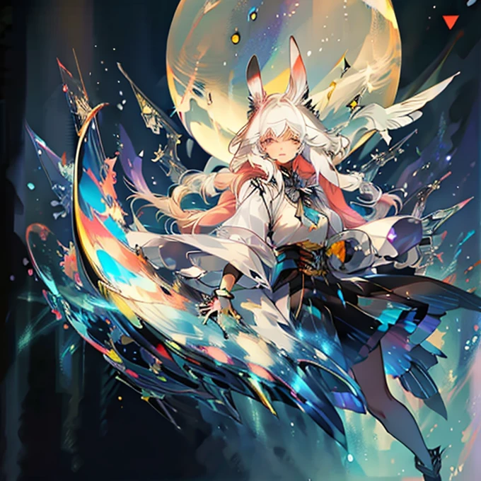 "Create an illustration of a mysterious character holding a white rabbit, She has light-colored hair with ribbons that resemble bunny ears.. Characters are shiny, A rainbow-colored blouse that reflects different colors. The background must be a celestial object, The starry sky transforms into a vibrant rainbow spectrum, Creates a mysterious and magical atmosphere."
