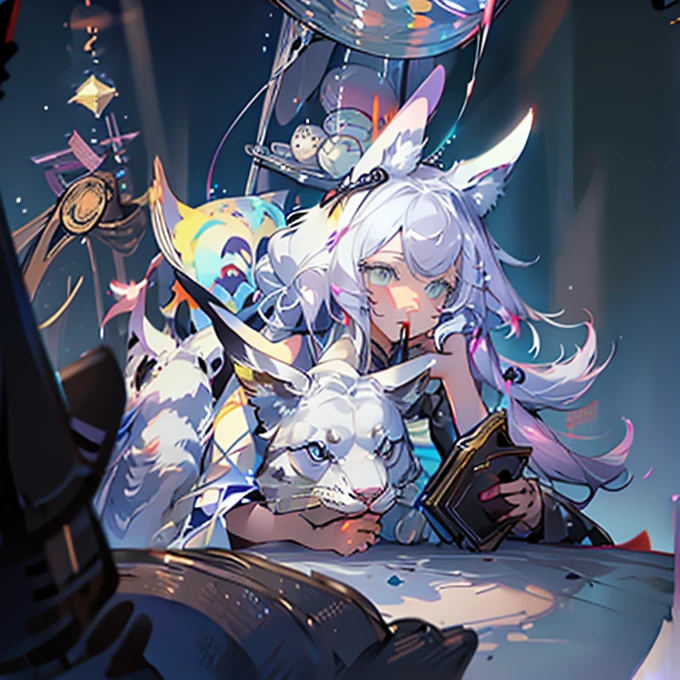 "Create an illustration of a mysterious character holding a white rabbit, She has light-colored hair with ribbons that resemble bunny ears.. Characters are shiny, A rainbow-colored blouse that reflects different colors. The background must be a celestial object, The starry sky transforms into a vibrant rainbow spectrum, Creates a mysterious and magical atmosphere."
