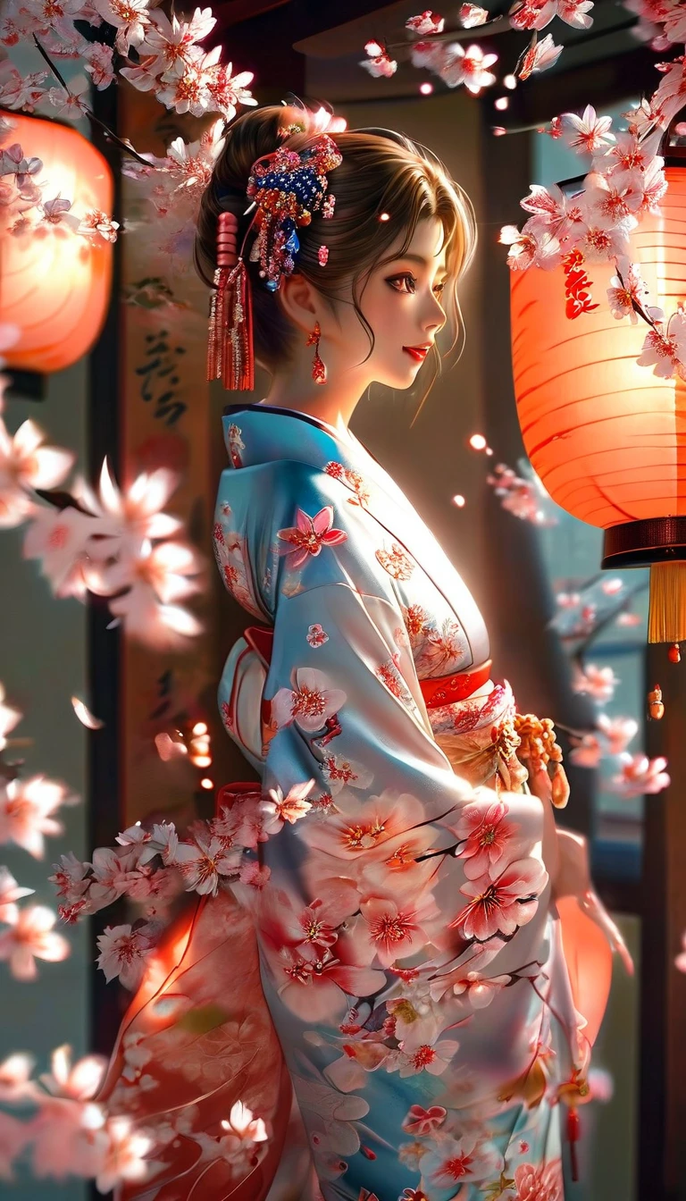 A masterpiece of a high school girl in a provocative kimono.: A masterpiece in 16K UHD resolution takes place in a Japanese-style room decorated with cherry blossoms and lanterns.。An attractive young woman with brown hair falling down her back、She wears a flowing kimono that accentuates her curves..。His blue eyes shine with admiration as he smiles with his mouth open...、Its detailed features give off a blushing charm.。Photorealistic images are、From the seams of your kimono to every strand of hair、Capture every detail as the light flows softly behind her..。Her long fingers are adorned with intricate nails.