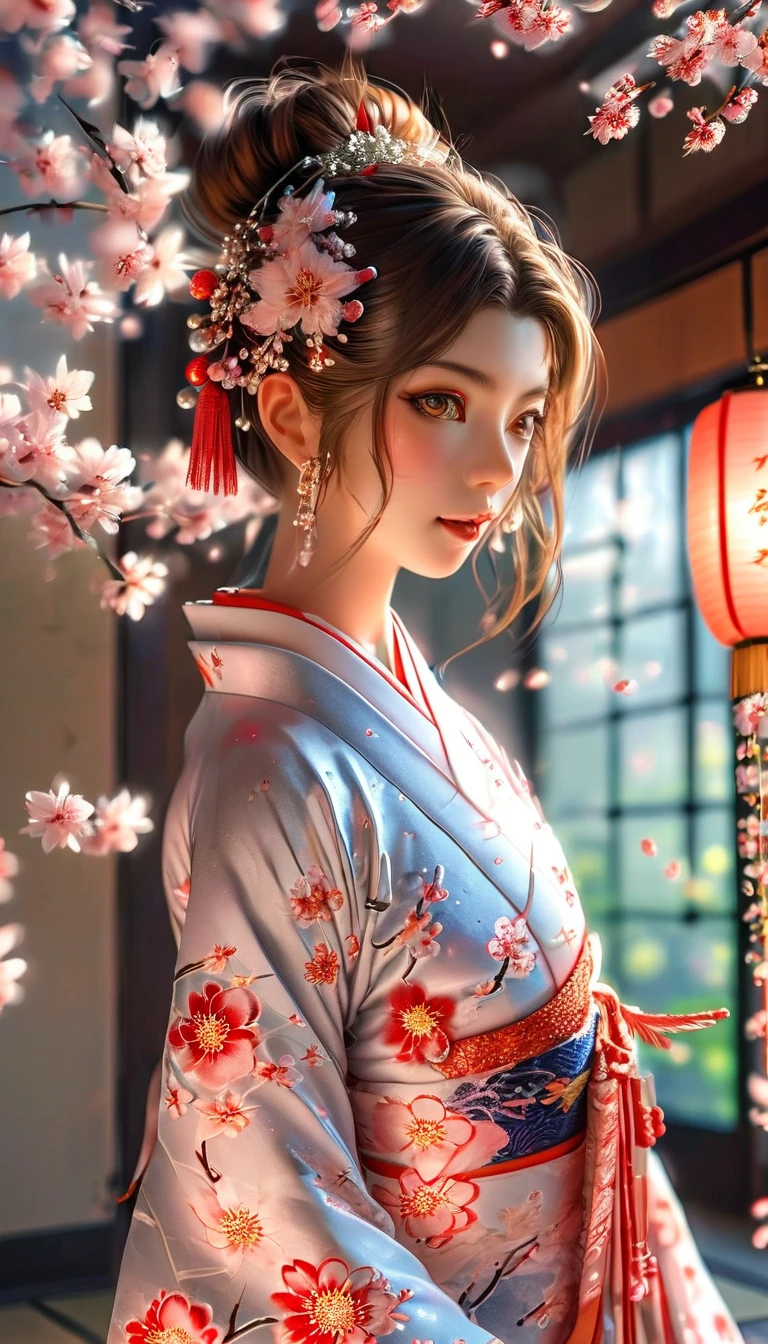 A masterpiece of a high school girl in a provocative kimono.: A masterpiece in 16K UHD resolution takes place in a Japanese-style room decorated with cherry blossoms and lanterns.。An attractive young woman with brown hair falling down her back、She wears a flowing kimono that accentuates her curves..。His blue eyes shine with admiration as he smiles with his mouth open...、Its detailed features give off a blushing charm.。Photorealistic images are、From the seams of your kimono to every strand of hair、Capture every detail as the light flows softly behind her..。Her long fingers are adorned with intricate nails.
