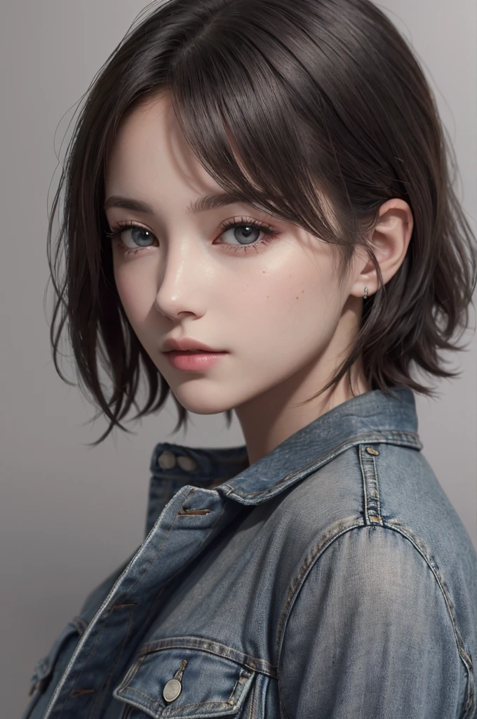 8K Ultra HD、RAWphotograph、モデルphotograph撮影、 European Fashion、(masterpiece、Highest quality、Realistic、High resolution、photograph:1.3)、close、focus on、Hot Model、slim、30 year old mature woman、Small face、No makeup、short hair、Beautiful dark brown Hayne eyes、Genuineスキン、(Perfect body)、Sexy hot face、sexual sight、slim、shirt、Denim Jacket、Long sleeve、Beautiful eyes in every detail、Glossy lips、((Bright light、Dynamic Lighting、Genuine、超Genuine、 realism、Genuineなディテール、Cool Beauty、Cool pose、Background gray、Plain gray background